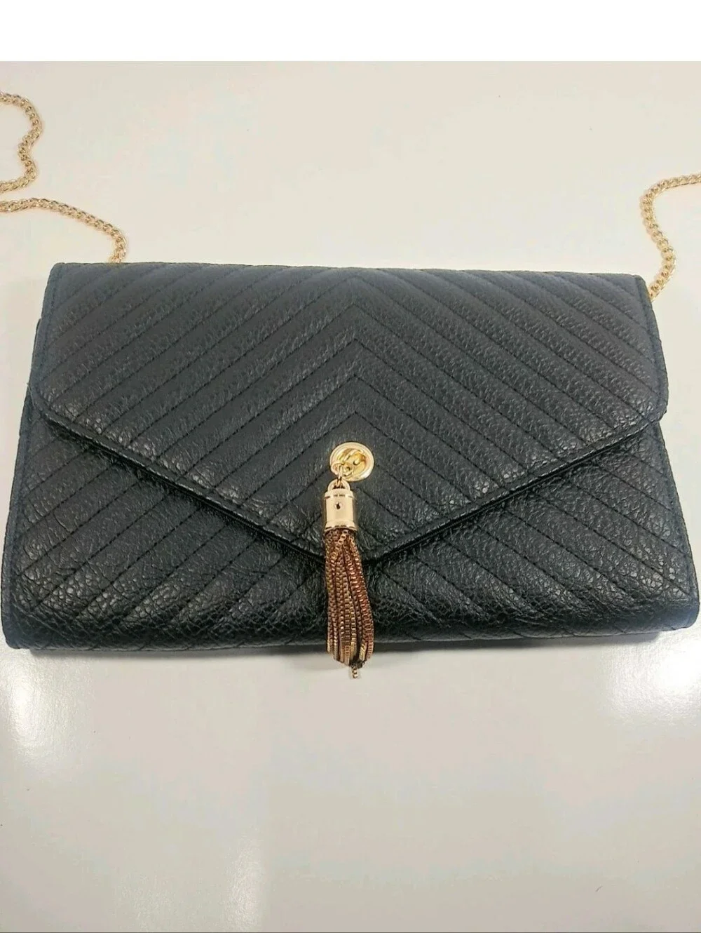 Black Quilted Envelope Crossbody Bag with Gold Chain and Tassel 8 x 11